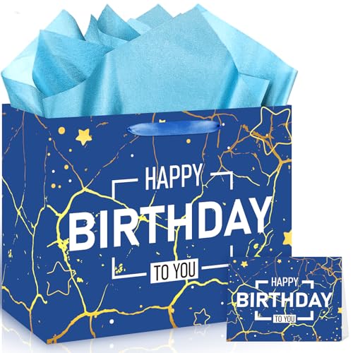 Navy Blue Birthday Gift Bag with Handle & Tissue Paper - Large