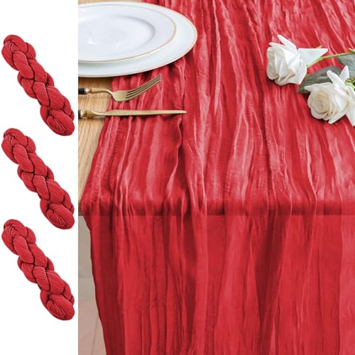 3 Pack Red Cheesecloth Table Runners 10FT Boho Sheer Rustic Decor