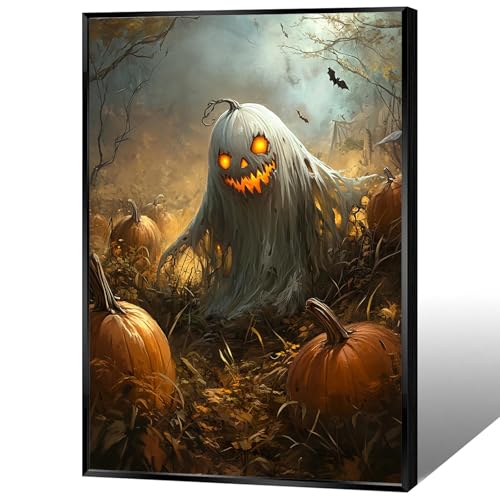 Vintage Halloween Wall Art - Ghost & Pumpkin Poster 12x16in