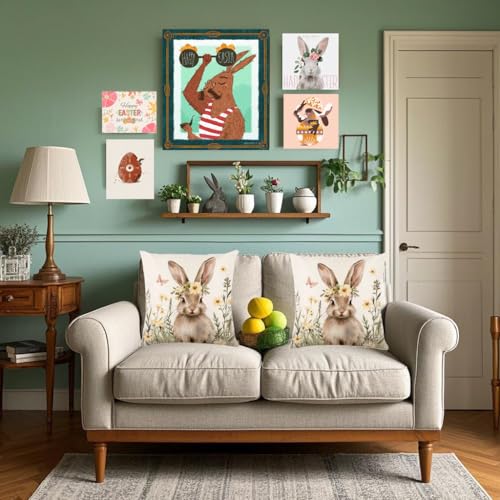 Yellow Easter Pillow Covers Set of 2 18x18 Inches Bunny Spring Decor for Couch & Bed