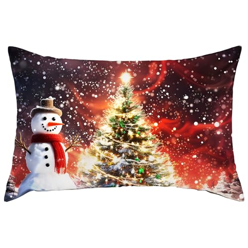 Christmas Satin Pillowcase for Hair and Skin, Snowman Design, Queen Size 20x30 Inch Glitter Tree, Breathable & Soft