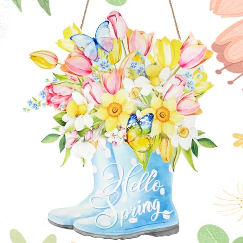 Hello Spring Wooden Door Sign with Colorful Flower Boots