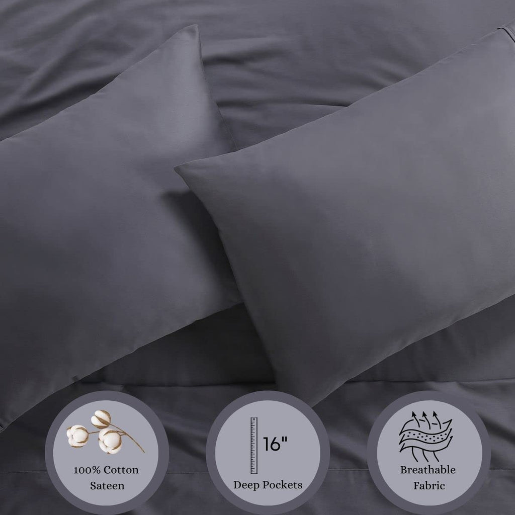Anne Klein Reverie 100% Cotton Solid Sheet Set, King, Charcoal
