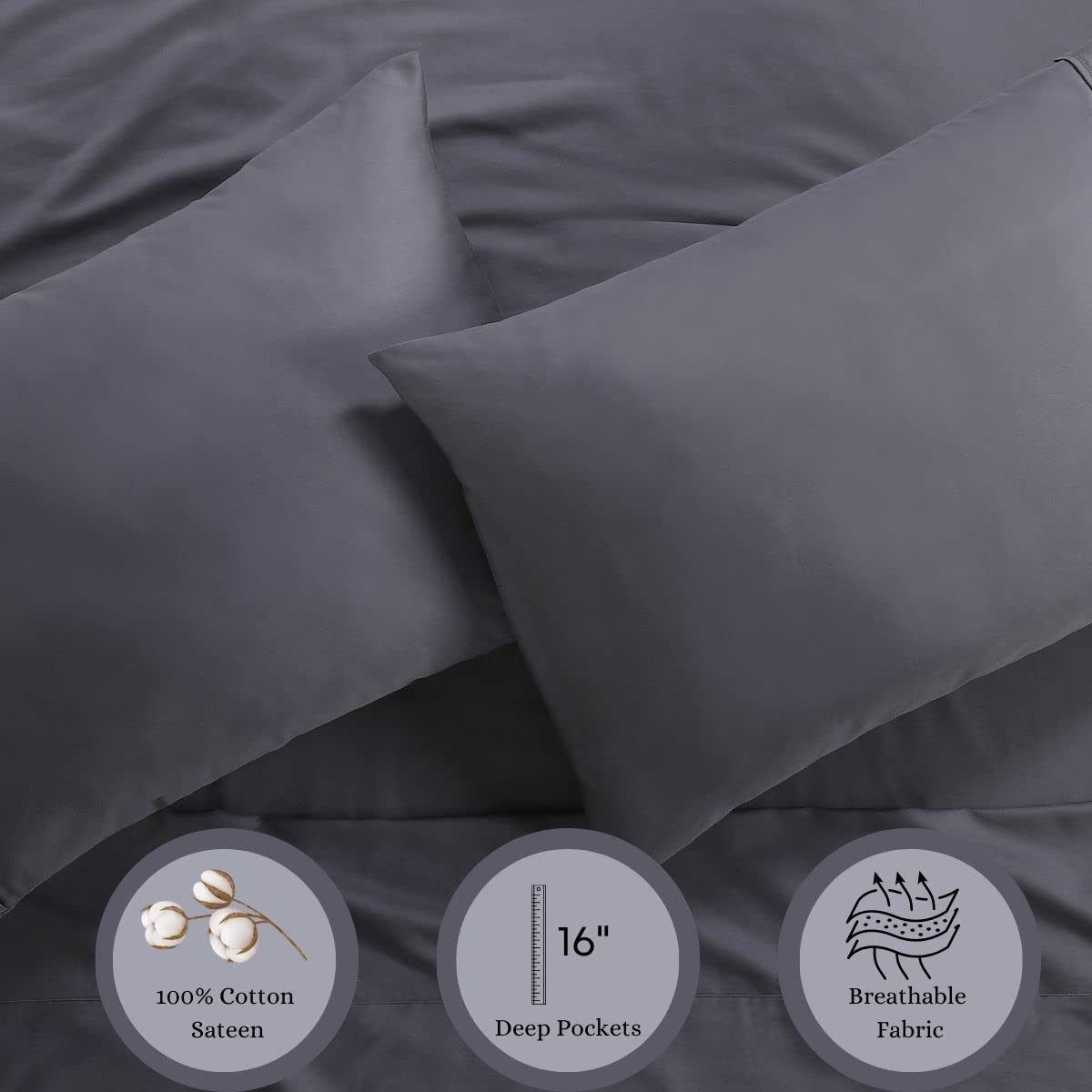 Anne Klein Reverie 100% Cotton Solid Sheet Set, King, Charcoal