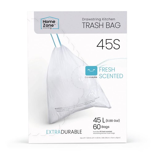 Home Zone Living 12 Gallon Kitchen Trash Bags with Drawstring Handles, Heavy Duty Custom Fit Design for Standard 45 to 50 Liter Kitchen Trash Cans, Code 45S, 60-Count