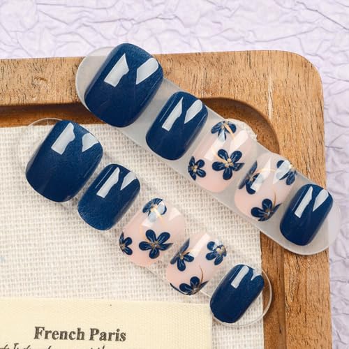 Toypoels Dark Blue Flower Press on Nails Short Square Acrylic False Nails