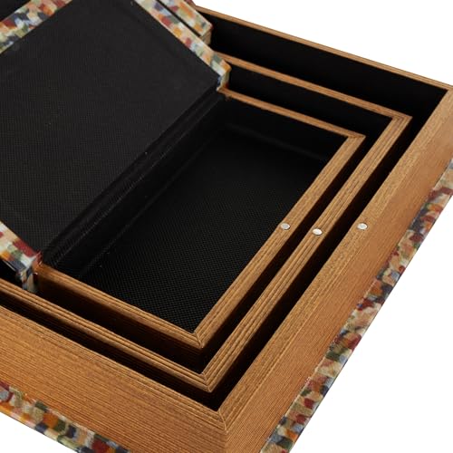 Deco 79 Faux Leather Decorative Box Faux Book Storage Book Shaped Boxes with Multi-colored Geometric Patterns, Set of 3 Decorative Keepsake Boxes 13", 11", 9" H, Multi Colored
