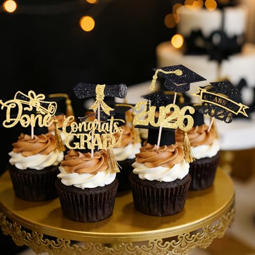 2026 Graduation Cupcake Toppers - 60 Pcs Black Gold Decor