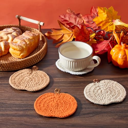 Fall Crochet Pumpkin Coasters Set - 4 Pcs Autumn Drink Protectors in Orange, Brown, Terracotta, Beige