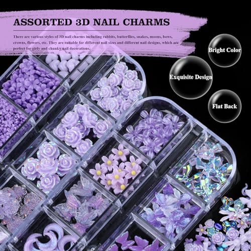 Kikonoke 3D Flower Nail Charms and Rhinestones Set - 2 Boxes Purple