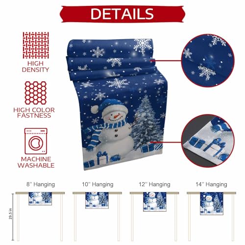 Navy Blue Christmas Table Runner 13x72 Inches - Snowflake Tree Decor, Farmhouse Linen Blend