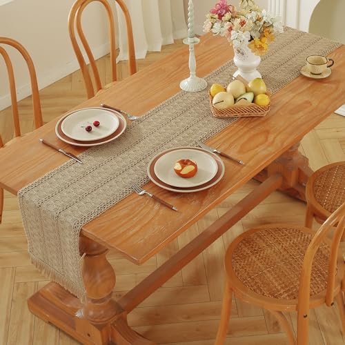 Brown Burlap Boho Table Runner 12 x 108 Inches with Tassels for Rustic Home Decor