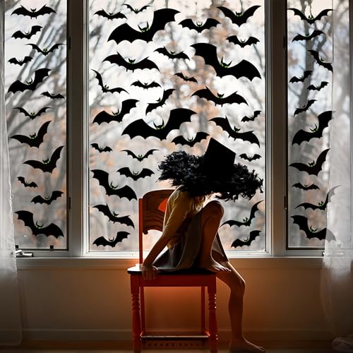 Halloween Window Clings - 6 Large Scary Bat Decals with Glow Eyes