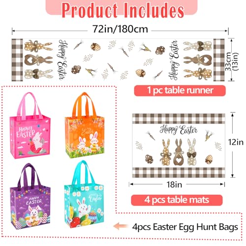 Easter Table Runner Set with 4 Placemats & 4 Gift Bags, Bunny & Carrot Linens