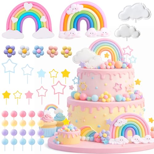 39-Piece Rainbow Cake Topper Set with Pastel Balls & Flowers