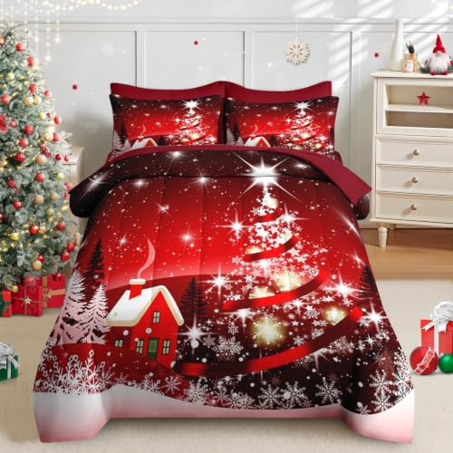 Twin Christmas Tree Bedding Set with Comforter Sheets - Red 5 Pieces