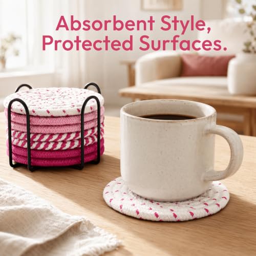 8 Pack Handmade Pink Coasters - Absorbent Cotton Drink Coasters for Desk & Coffee Table