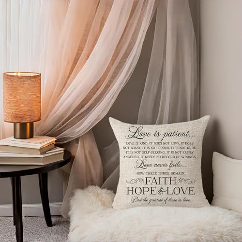 Love Is Patient Kind Motivational Throw Pillow Cover, 18x18 Cotton Linen