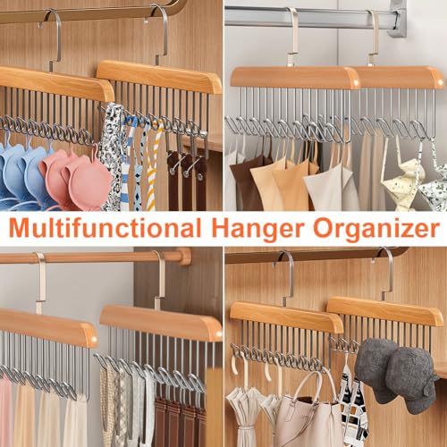 2 Pack Wooden Belt Hanger with 16 Hooks - Space-Saving Organizer