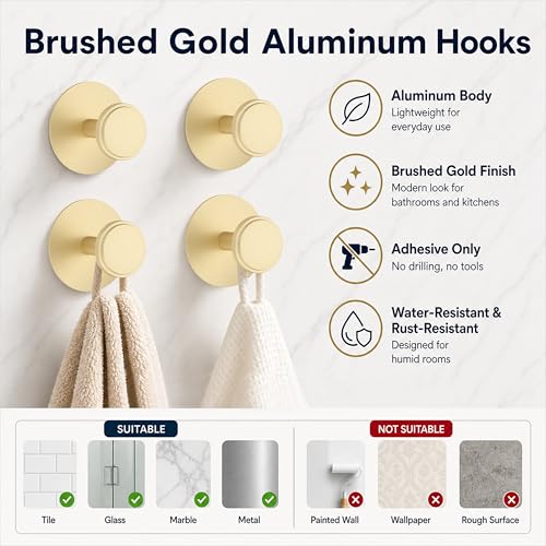 BVL Adhesive Towel Hooks, Brushed Gold Aluminum No-Drill Wall Hooks (4 Pack)