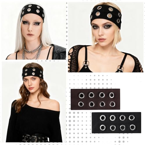 Tucnoeu 2 Pcs Hollow Out Elastic Headbands Y2K Punk Wide Hairbands Black