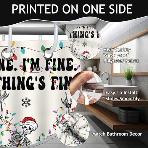 Funny Christmas Skull Shower Curtain - 72x72 Inch with Hooks