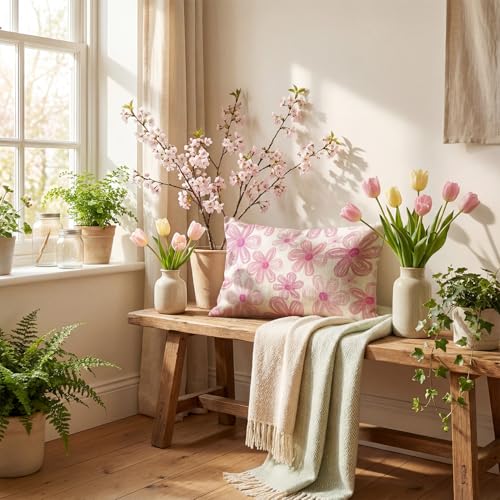 Spring Pink Daisy Throw Pillow Cover - 12x20 Inch Decorative Cushion
