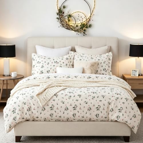 Full Size 82x86 Holiday Christmas Duvet Cover Set - Holly Berries Pattern, 100% Cotton
