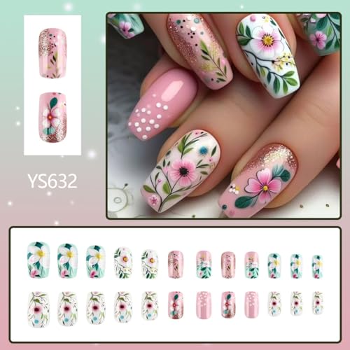 Summer Flower Press On Nails Medium Square Gradient Floral Acrylic Fake Nails Set