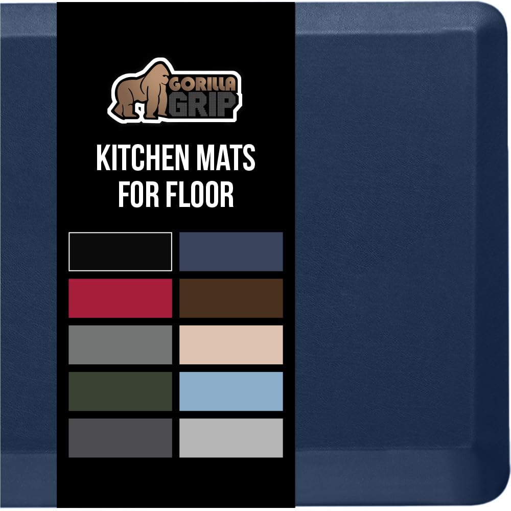 GORILLA GRIP Comfortable Cushioned Kitchen Mats for Floor, 39x20, Waterproof and Stain Resistant Soft Top, 3/4 Inch Thick Ergonomic Standing Desk Anti Fatigue Mat, Foam Supports Ankles and Feet, Navy