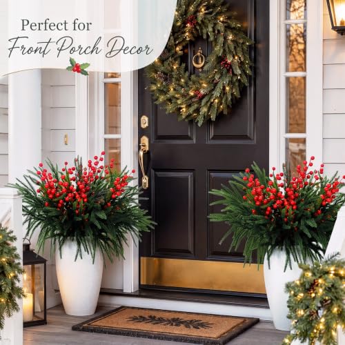 24 Large Artificial Christmas Pine Branches with Red Berry Stems for Outdoor Decor