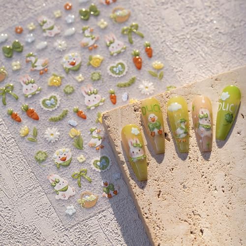 5D Embossed Easter Nail Stickers Green Flower Rabbit Self-Adhesive Decals