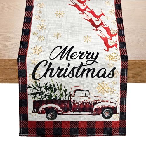 Buffalo Plaid Christmas Table Runner - 13 x 72 Inch Red Truck Decor