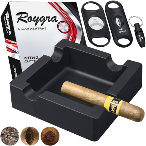 Roygra Black Large Cigar Ashtray Set with 3 Cutters Outdoor Patio Accessory