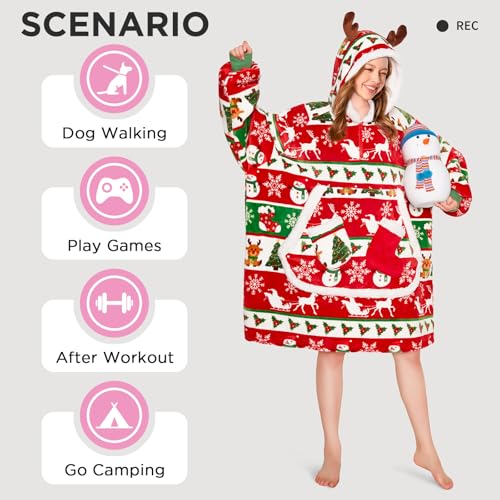 Adult Christmas Wearable Blanket Hoodie with Pockets - New Holiday Cozy Wrap