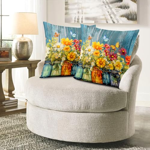 Daisy Floral Pillow Covers 18x18, Set of 2 - Rustic Spring Decor