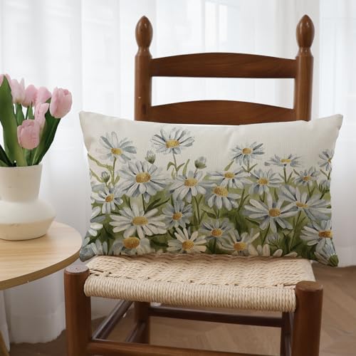 Watercolor Daisy Flowers Throw Pillow Cover - 12x20 Inch Floral Cushion