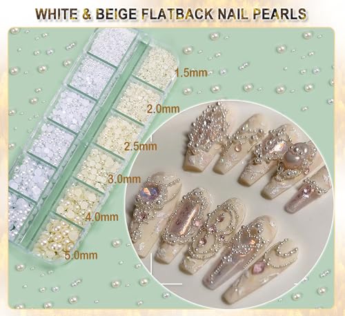 Gold & Silver Nail Caviar Beads and Flatback Pearls Set with Tools