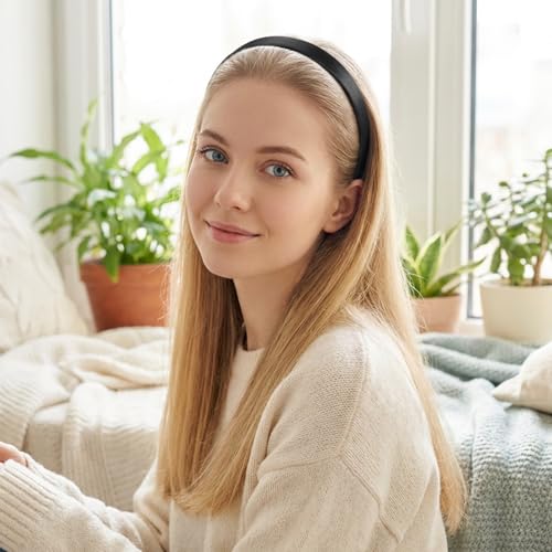 Tiesome 3-Piece Satin Black Headbands - 0.6 Inch Wide Non-Slip Hair Bands