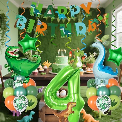 Dinosaur 4th Birthday Party Decorations Set with Balloons & Banner
