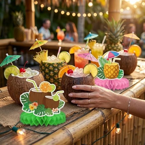 Hawaiian Luau Honeycomb Centerpieces, 9-Piece Tropical Party Table Decor