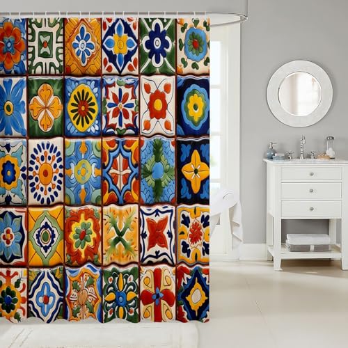 Erosebridal Mexican Talavera Tile Shower Curtain Set - Orange Blue, 72" x 84"