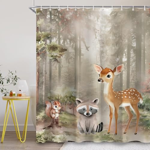 CINEKER Forest Animal Shower Curtain Set - 60x72 Inch Watercolor Woodland