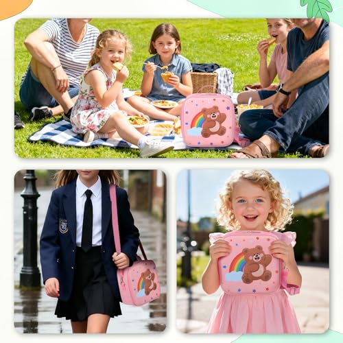 Insulated Kids Lunch Bag with Adjustable Strap - Bear Pink