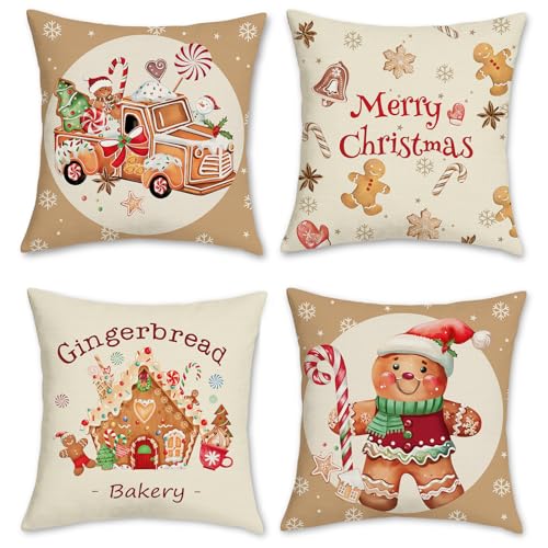Bonhause Christmas Gingerbread Throw Pillow Covers 18x18 Inch Set of 4 - Brown