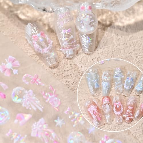 GeeSey Christmas 5D Embossed Nail Stickers Pink Blue Holiday Decals