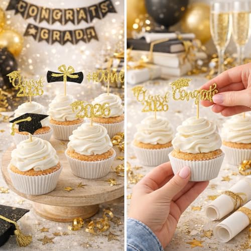 Gold Glitter Graduation Cupcake Toppers - 24 Pcs Class of 2026