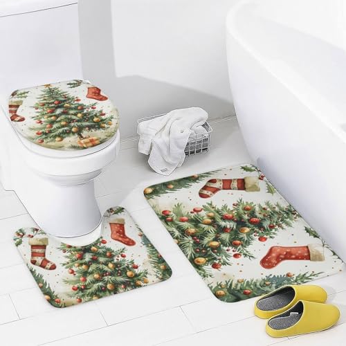 HDESDIS Christmas Pine Tree Shower Curtain Set with Rugs and Toilet Lid Cover - Snowflake Red Sock, 72x72 Inches - Holiday Bathroom Decor