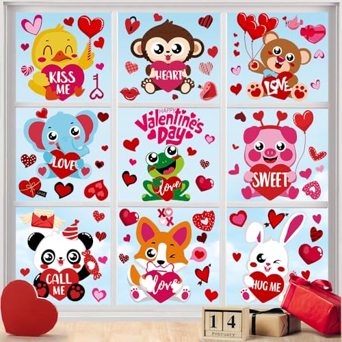 DULEFUN 9 Sheets Valentine's Day Window Clings - Double-Sided Animal Love Hearts