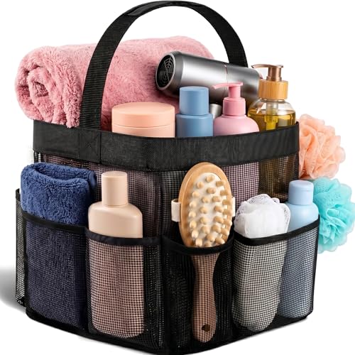 Masirs 9-Pocket Mesh Shower Caddy Tote - Portable Bathroom Organizer (Black)
